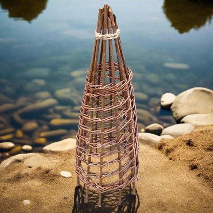 Reconstruction of a prehistoric wooden fish trap used by Mesolithic communities.