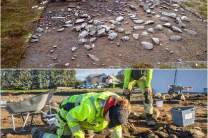 Archaeologists excavating a prehistoric site in Norway.
